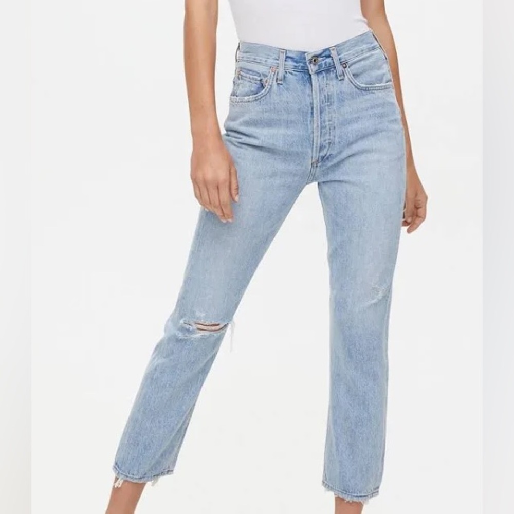 Aritzia Agolde - Riley High Waist Crop Jean - Ripped Blue Size 24 - Shatter Wash